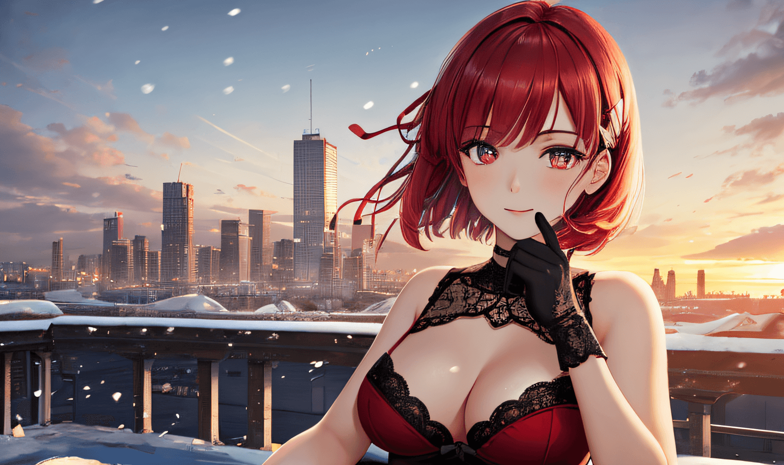 AI generated: 1girl, lace gloves, upper body, short hair, bob cut, blonde hair, bangs, (red hair ribbon), red eyes...
