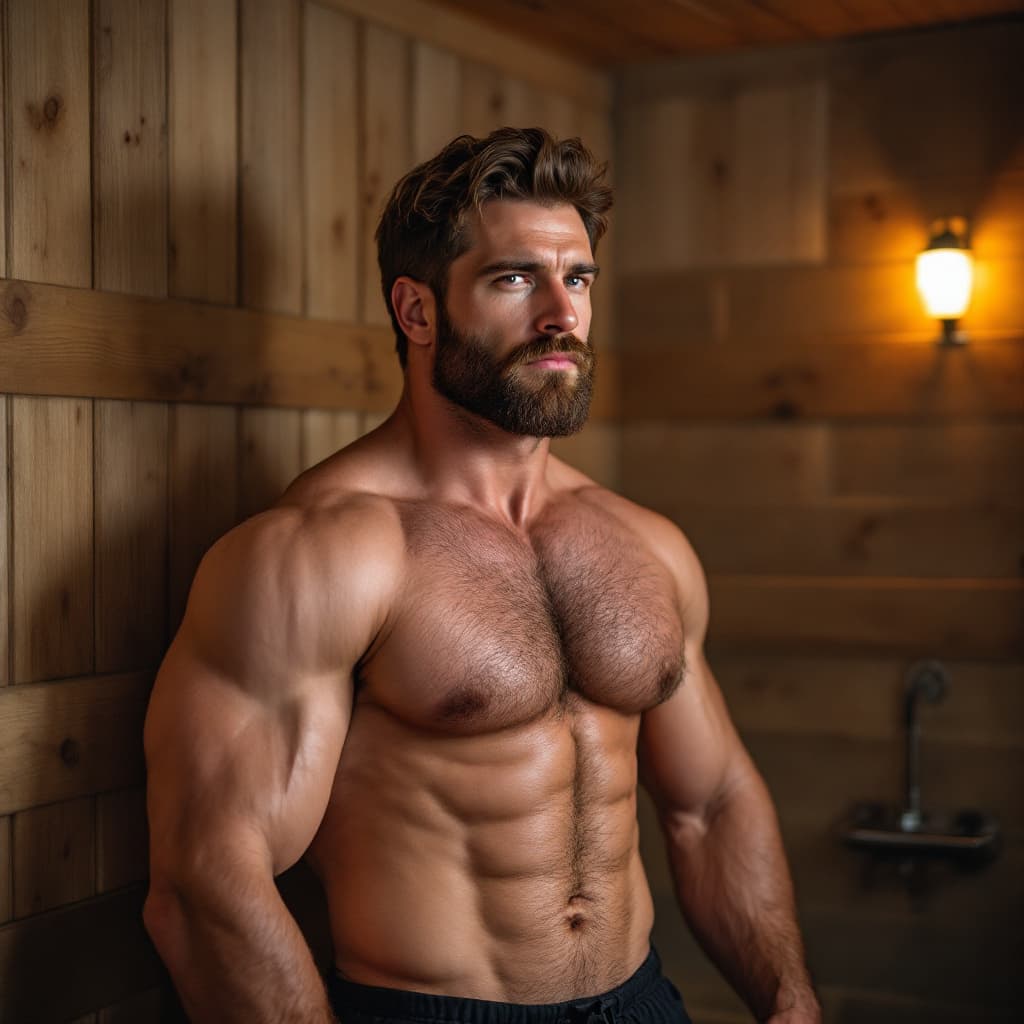 AI generated: Handsome muscular 40-year-old daddy, hairy chest, with brown hair and beard, broad shoulders and nar...