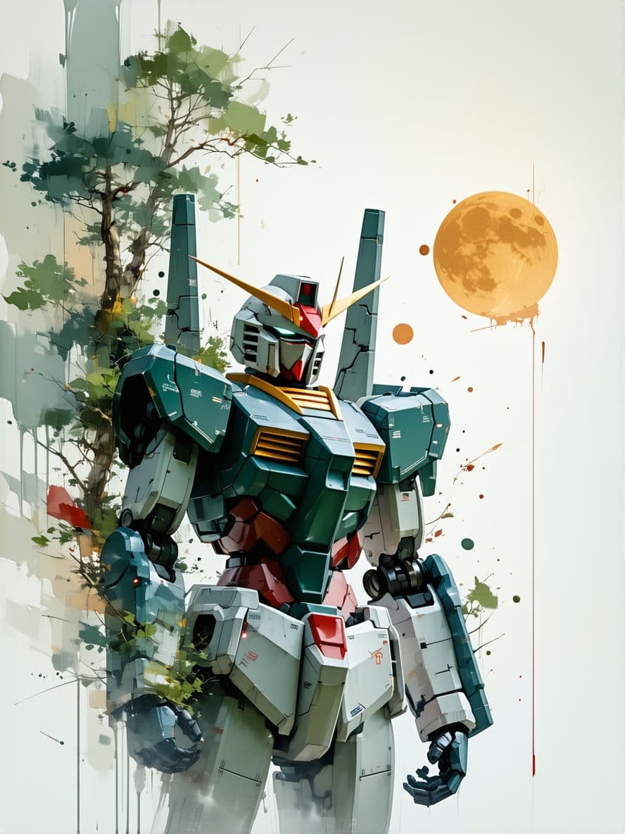 AI generated: drawing of gundam, in the style of video montages, nature-inspired art nouveau, soft-focus, I can't ...