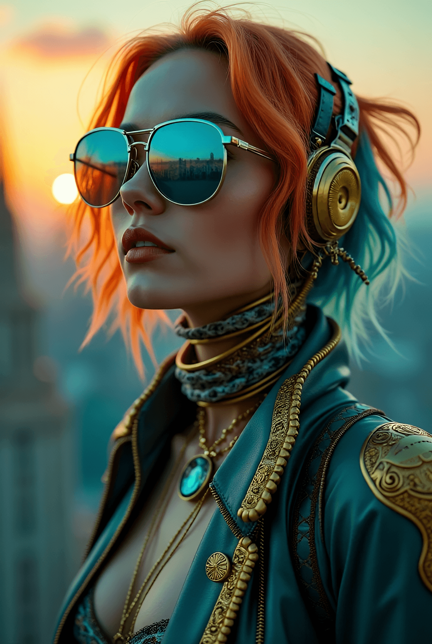 AI generated: Cinematic photo of Instagram fashionista merged with biomechanical space explorer, close-up shot hig...