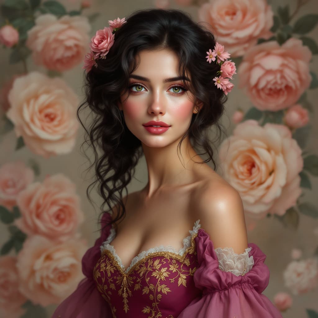 AI generated: "Romantic digital portrait of a woman around 30 years old, from the waist up, wearing a magenta Rena...