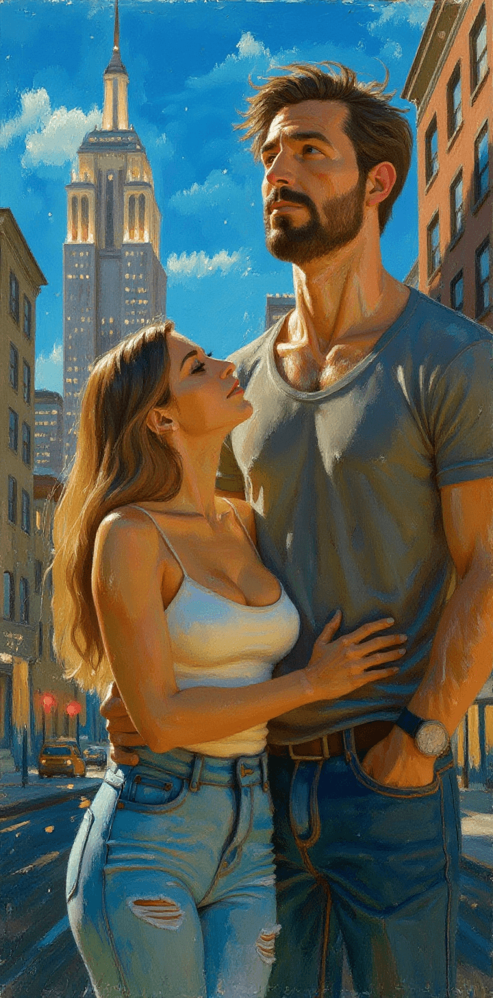 AI generated: a painting of a woman and her tall handsome husband standing at Wallstreet, New York city summer mor...
