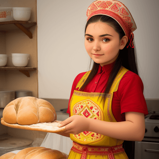 AI generated: Very beautiful Uzbek girl bakes bread