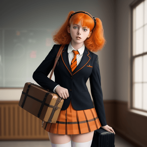 AI generated: masterpiece, mid shot, arafly dressed woman with orange hair and a suitcase, a portrait inspired by ...