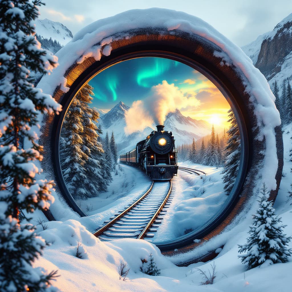 AI generated: Large, snow-covered camera. The lens encompassing a winter landscape.  Inside the lens, a steam trai...