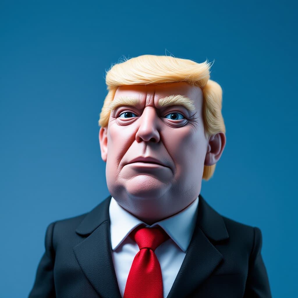 AI generated:  robot chicken style puppet of Donald Trump action figure like skin texture with the steams. His fac...