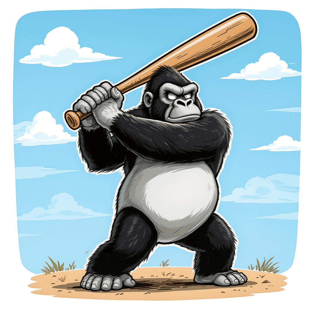 AI generated: cartoon gorilla swinging a baseball bat