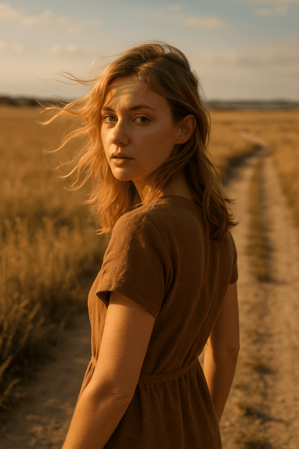 AI generated: A woman, with sun-kissed blonde hair and a thoughtful expression, pauses on a dirt path in an expans...