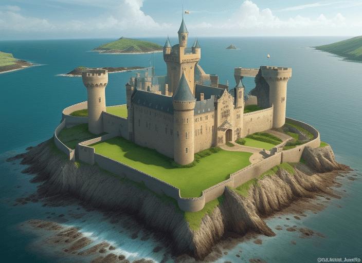 AI generated: ((A R T)) word, castle, pasture landscape, sea, mix background, setting top view, word, Setting: Top...