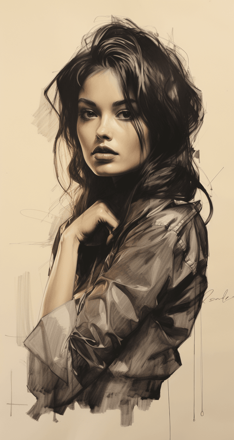 AI generated: Rough charcoal sketch on old paper, beautiful female figure, seductive pose, clean line art --ar 68:...