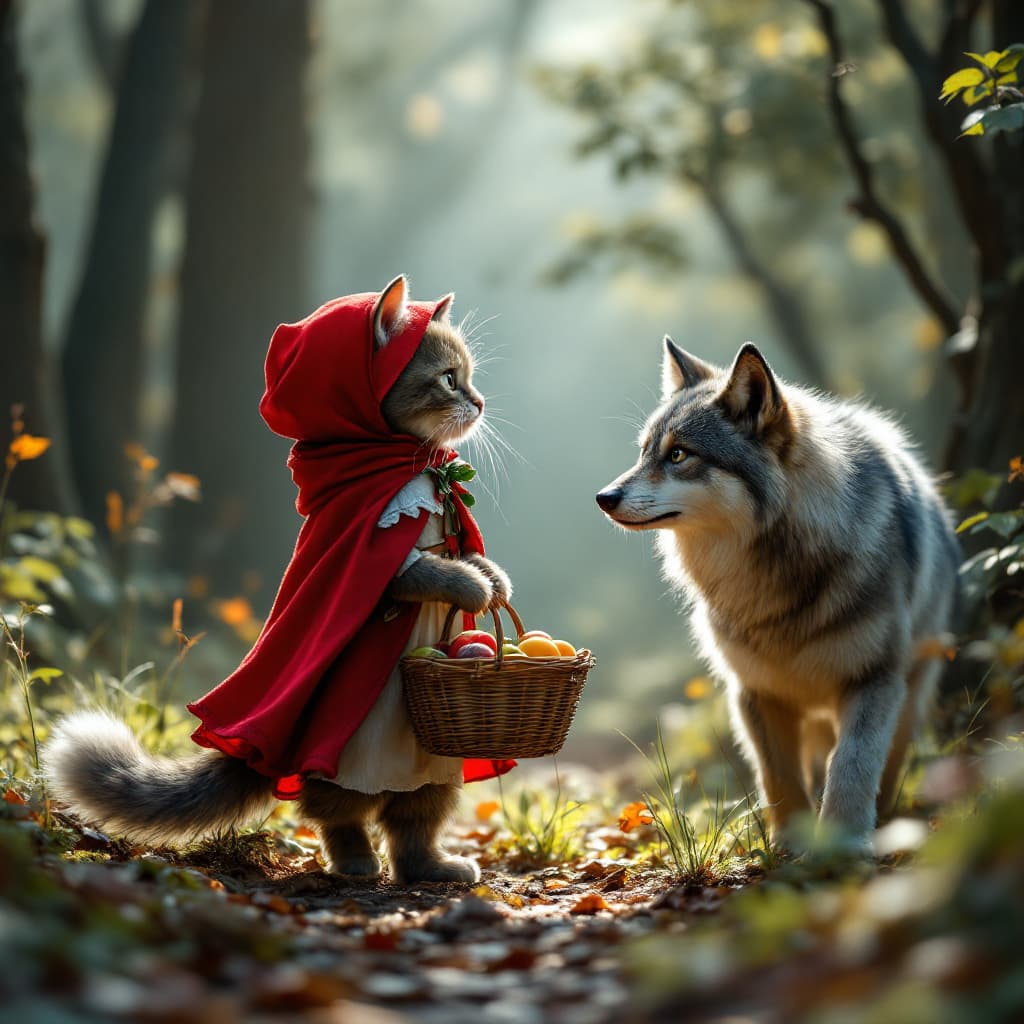 AI generated: anthropomorphic cute cat, wearing the costume of the fairy tale character Little Red Riding Hood, re...