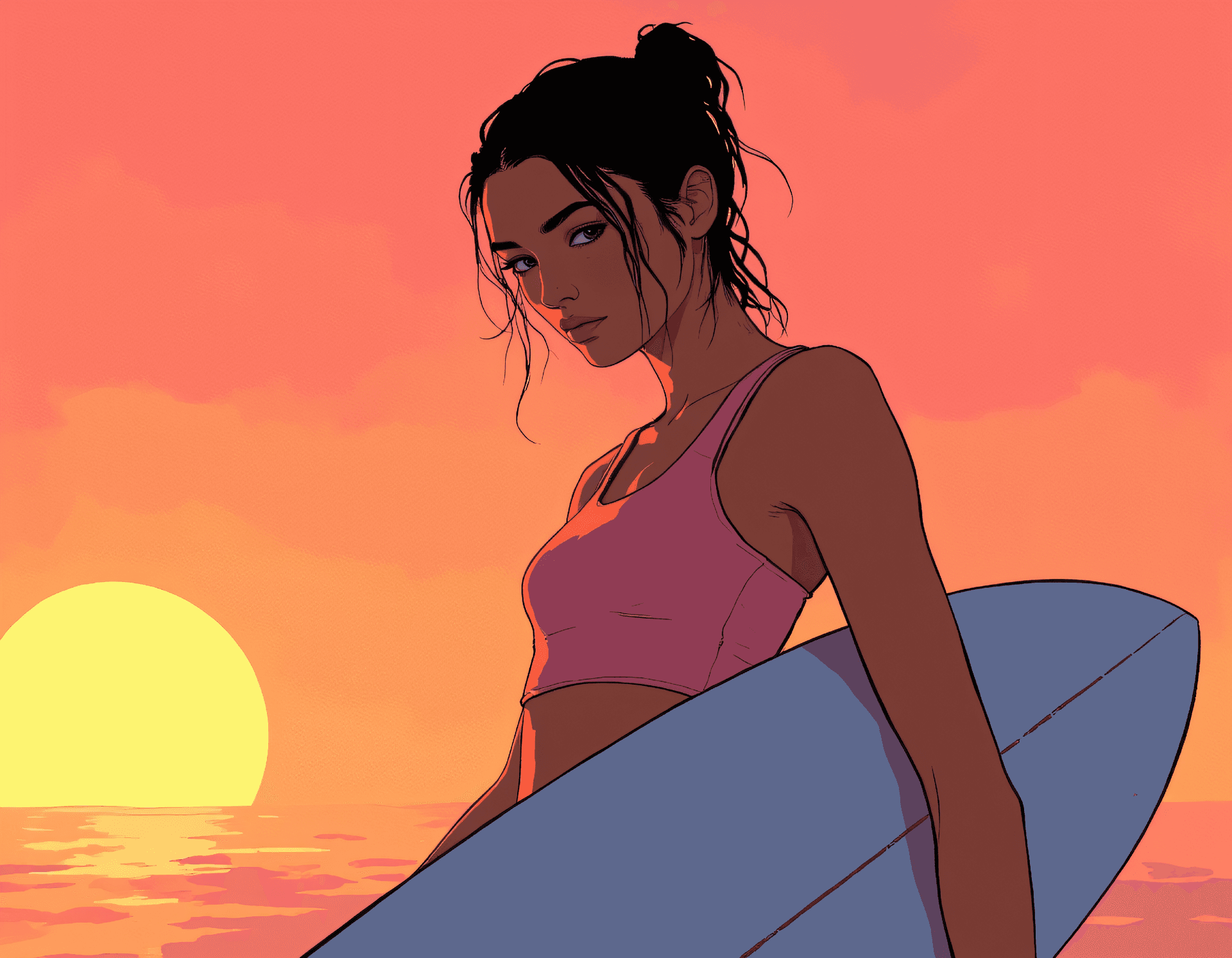 AI generated: vibrant digital art in a neo-pop art style, close up half body portrait, Surfboard sunset scene fit ...