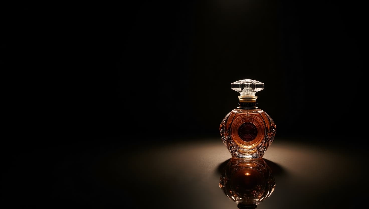 AI generated: Dramatic, high-contrast image of a luxurious perfume bottle, illuminated by a single, soft, and warm...