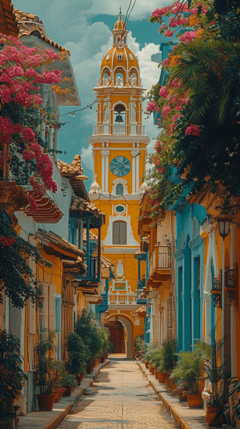 AI generated: a narrow street with multiple buildings and a clock tower, in the style of afro-colombian themes, ba...