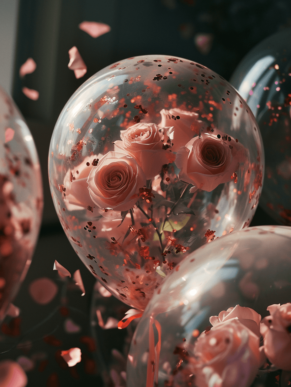 AI generated: disposable photography of huge transparent balloon, which filled with roses with confetti, 8k, photo...