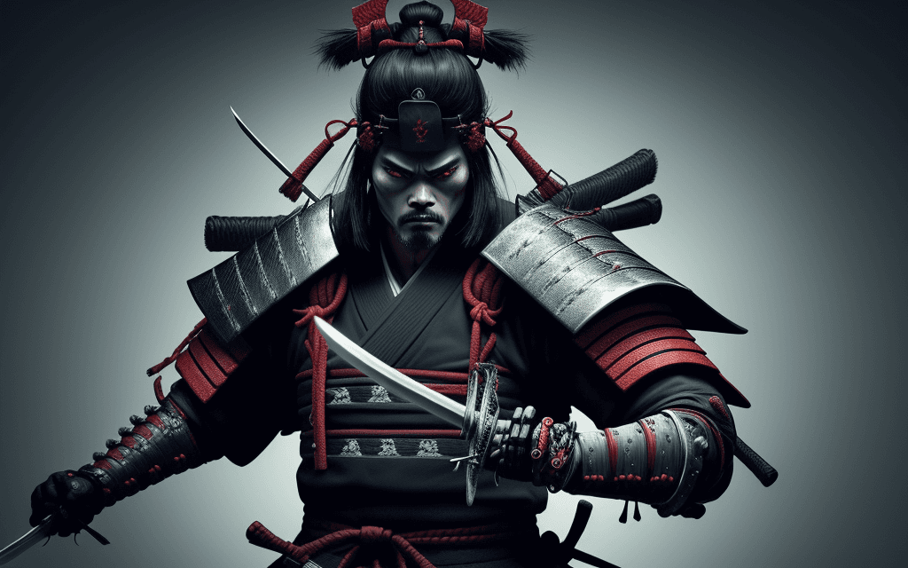 AI generated: The coolest looking samurai ever, ready to attack, we can see his whole body and swords, ultra detai...