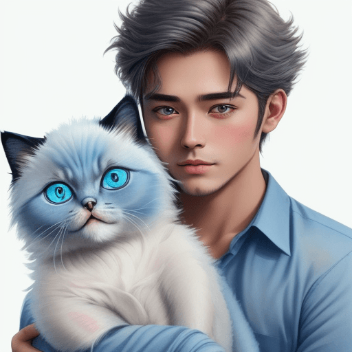 AI generated: https://ibb.co/bJg55bF https://ibb.co/YXHsy6S Realistic, human male and cat, himalayan cat, blue cat...