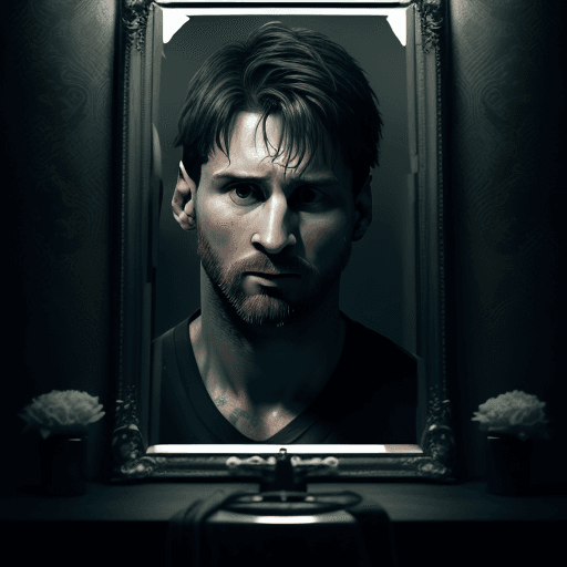 AI generated: Lionel messi, a football player from argentina, looks at himself in a broken mirror, in the style of...