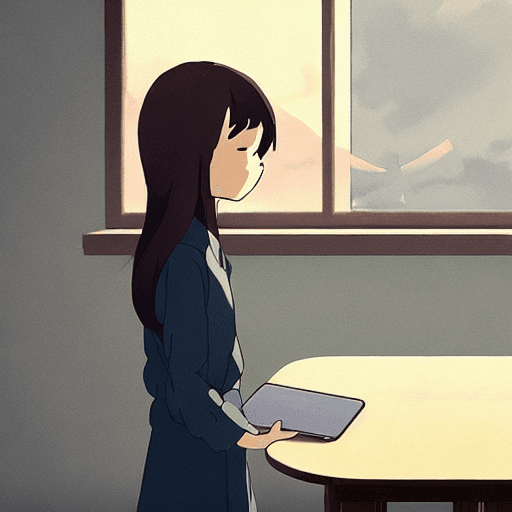 AI generated: female teacher holding an ipad with her hands in a classroom, Digital 2D, animado por Kyoto Animatio...