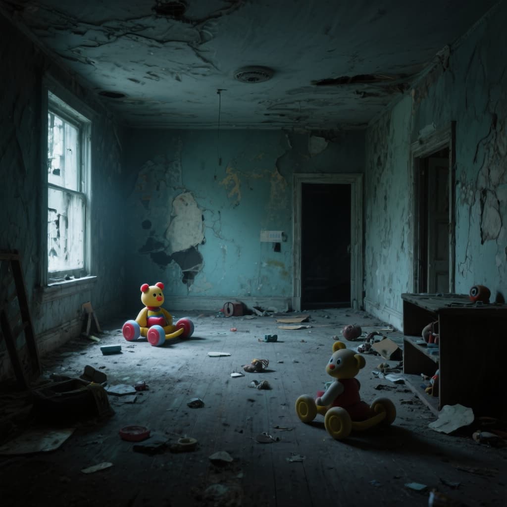 AI generated: Abandoned, empty playrooms, abandoned toys. A strange, dream-like and scary atmosphere. An image tha...