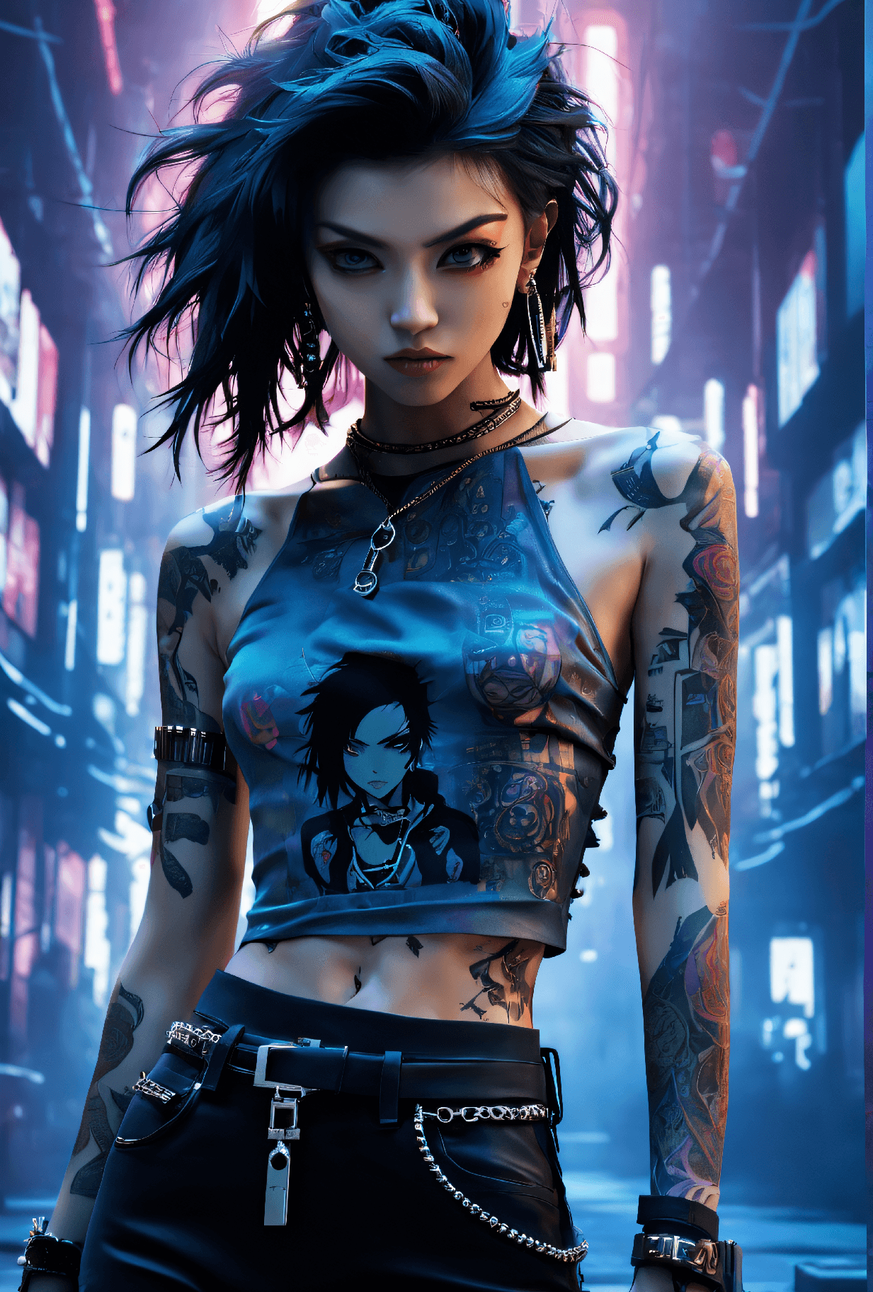 AI generated: anime artwork A photo of a punk-inspired, edgy-looking young woman with a slender frame, black hair,...