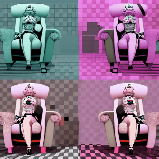 AI generated: Schizophrenic Nuclear Samurai. Sitting on an armchair in Barbie's house. Tesselated AI omen.. 8 op a...