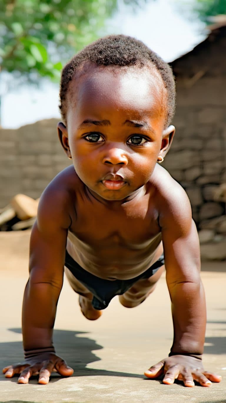 AI generated: A baby 2 years old from Africa With a muscular physique  bodybuilder doing push-up exercise while lo...