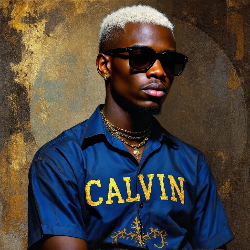 AI generated: a ghanaian man with white dyed hair in dark glasses wearing a blue shirt with the design CALVIN impr...