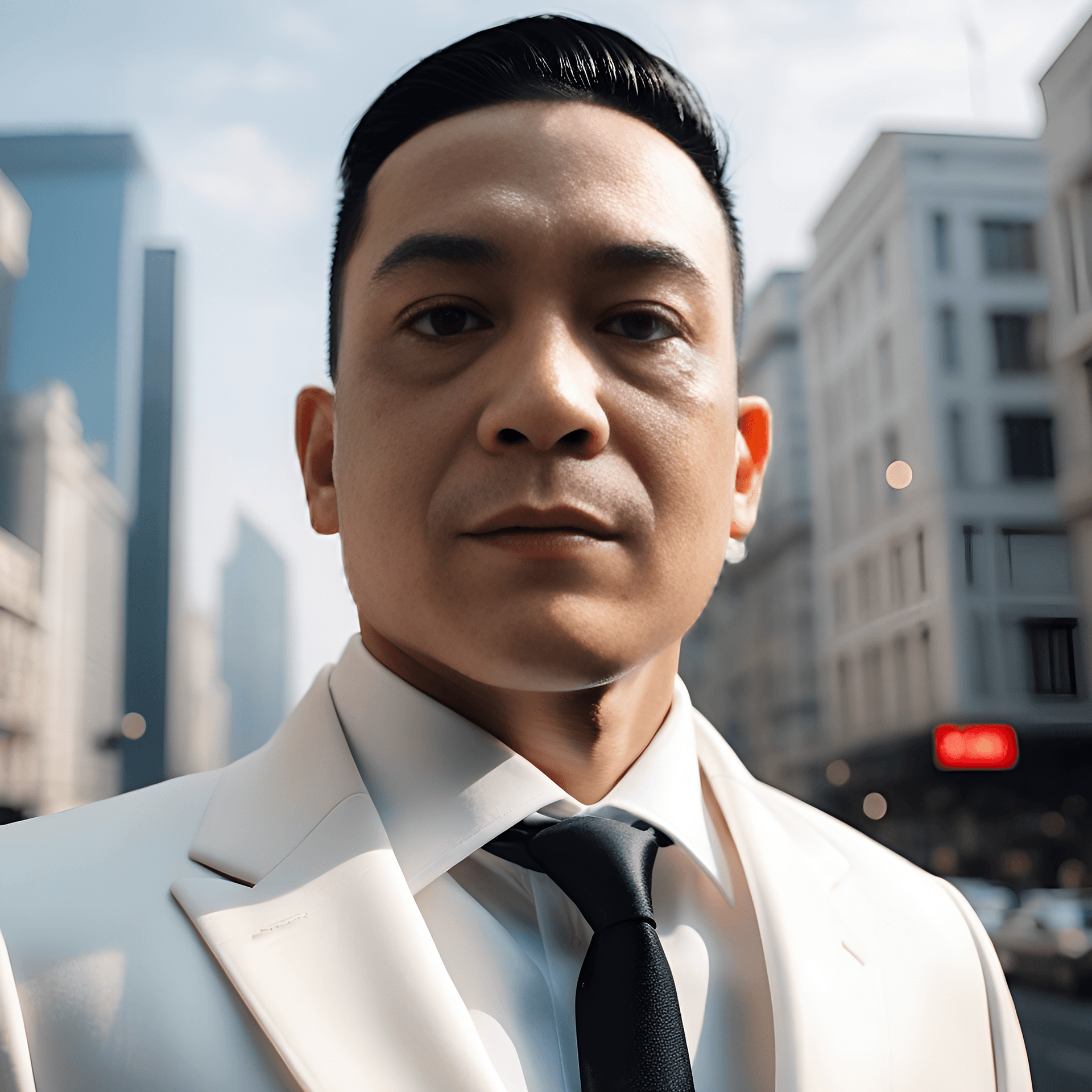 AI generated: a man wearing a white luxury suit, in the middle of a luxurious city, the light is very good, depth ...