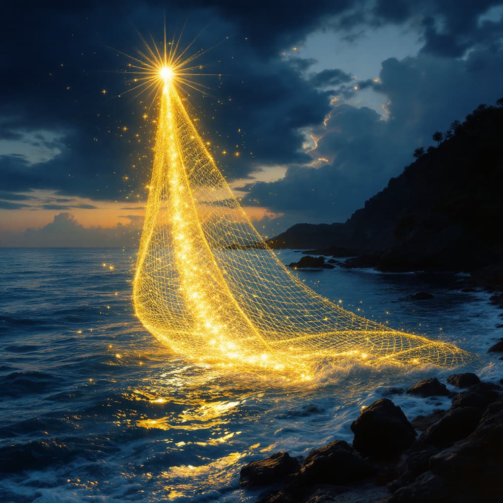 AI generated: "A serene coastal scene at twilight, where a glowing, golden net is cast into the calm, deep waters,...