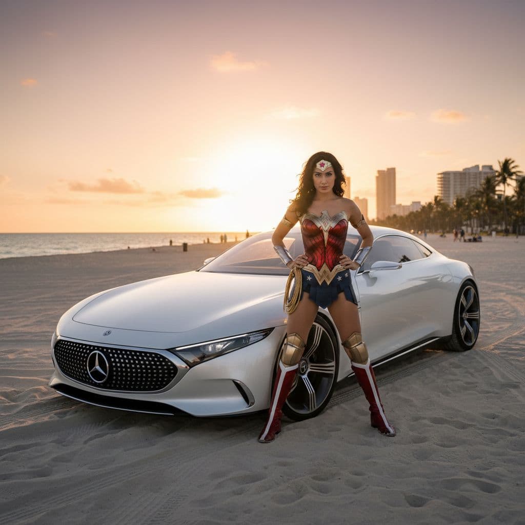 AI generated: Wonder Woman
with a Mercedes Benz
in the sunshine
at Maiami Beach