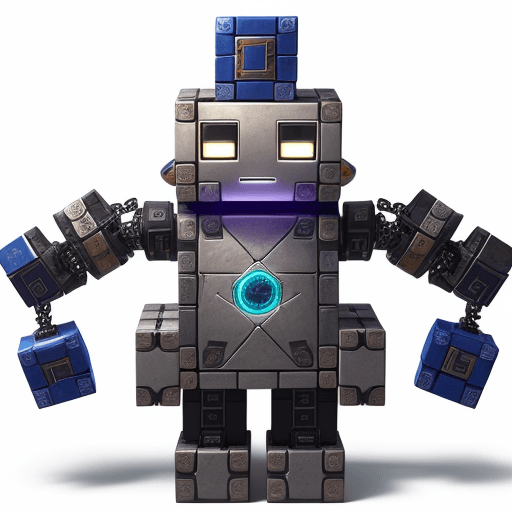 AI generated: A robot that at this centre is made of a token. The background is chain of blocks
