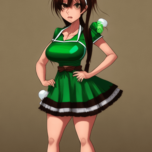 AI generated: pandad, brown hair, dark skin, green eyes, huge breasts, two tone hair, hoop earrings, single ponyta...
