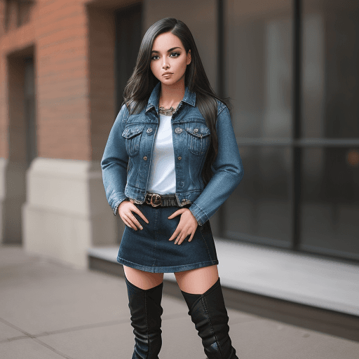 AI generated: A beautiful girl wearing black thigh boots and denim jacket