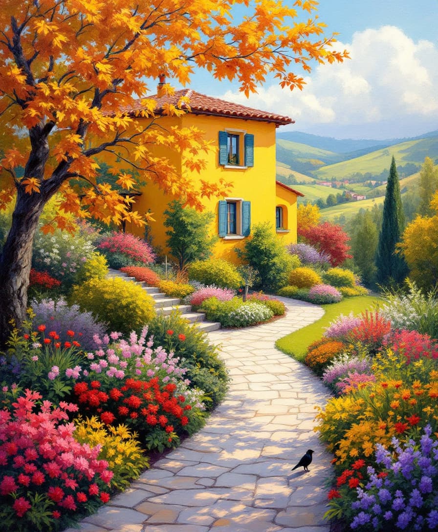 AI generated: A vibrant oil painting depicts a yellow house nestled in a lush garden, situated on a hillside.  The...