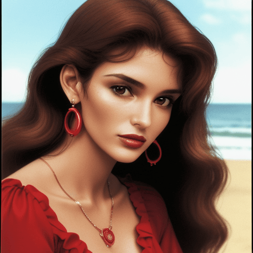AI generated: a woman in a red dress posing for a picture, brazilian beach scene, small brown goatee, eighties loo...