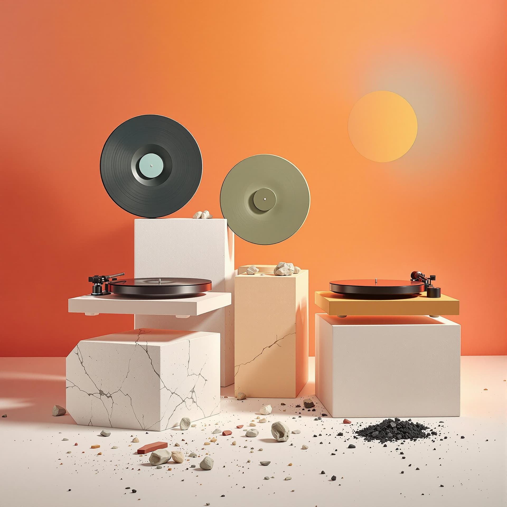 AI generated: productive photography, super resolutions, three mordern turntable design by bang and olufsen, dyson...