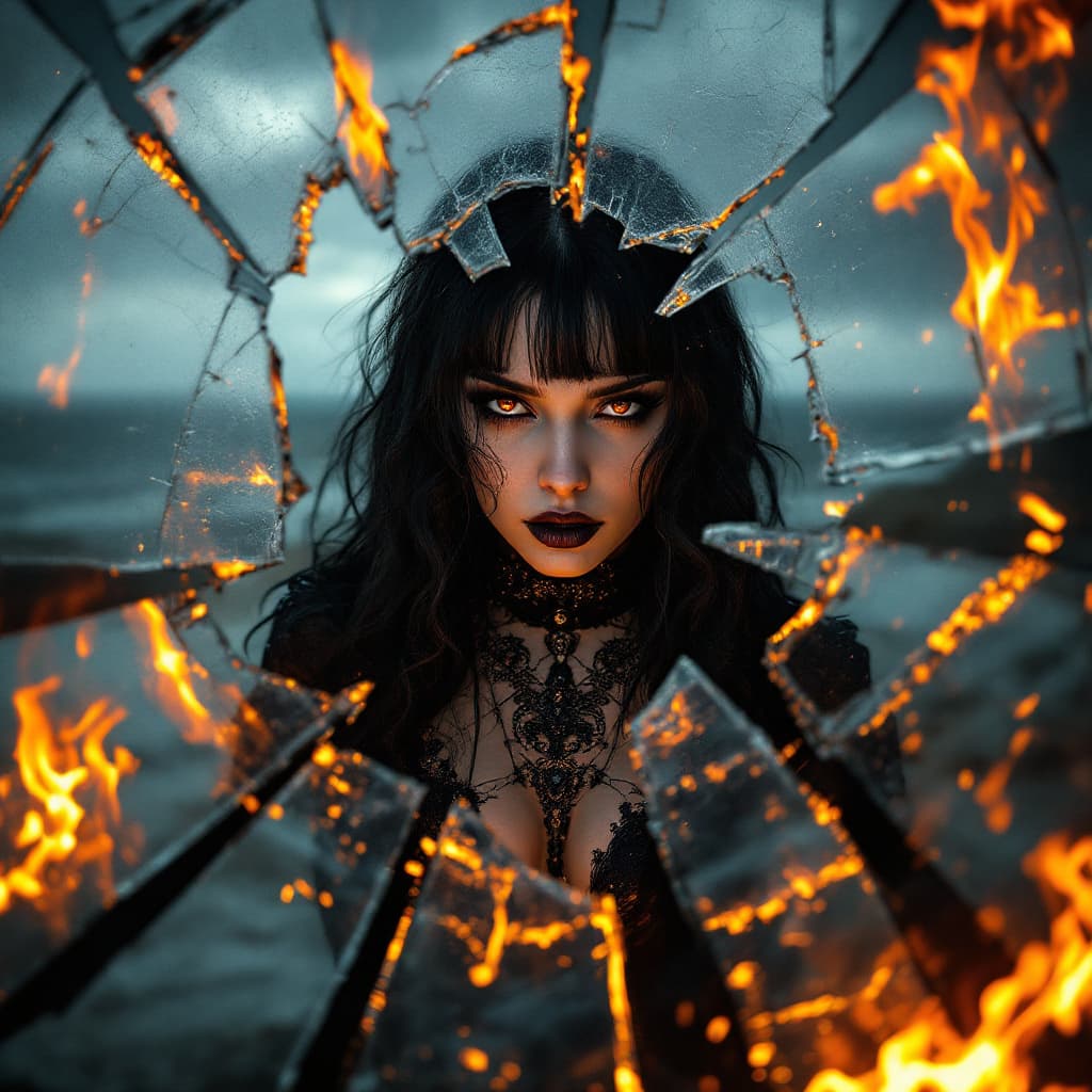 AI generated: Hyper realistic eye level exterior photo of a mA solitary female Pyrokinesis exhibitionist goth fema...