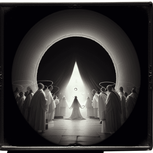 AI generated: detailed daguerreotype , people in white robes gathering to open a portal to cosmic void inside an o...