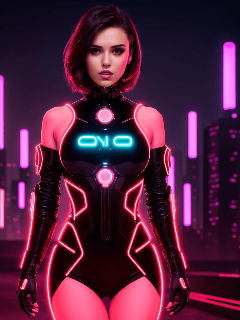 AI generated: (Beautiful 1girl with brunette short brown hair), cyber style, cyber futuristic dress, (neon city ba...