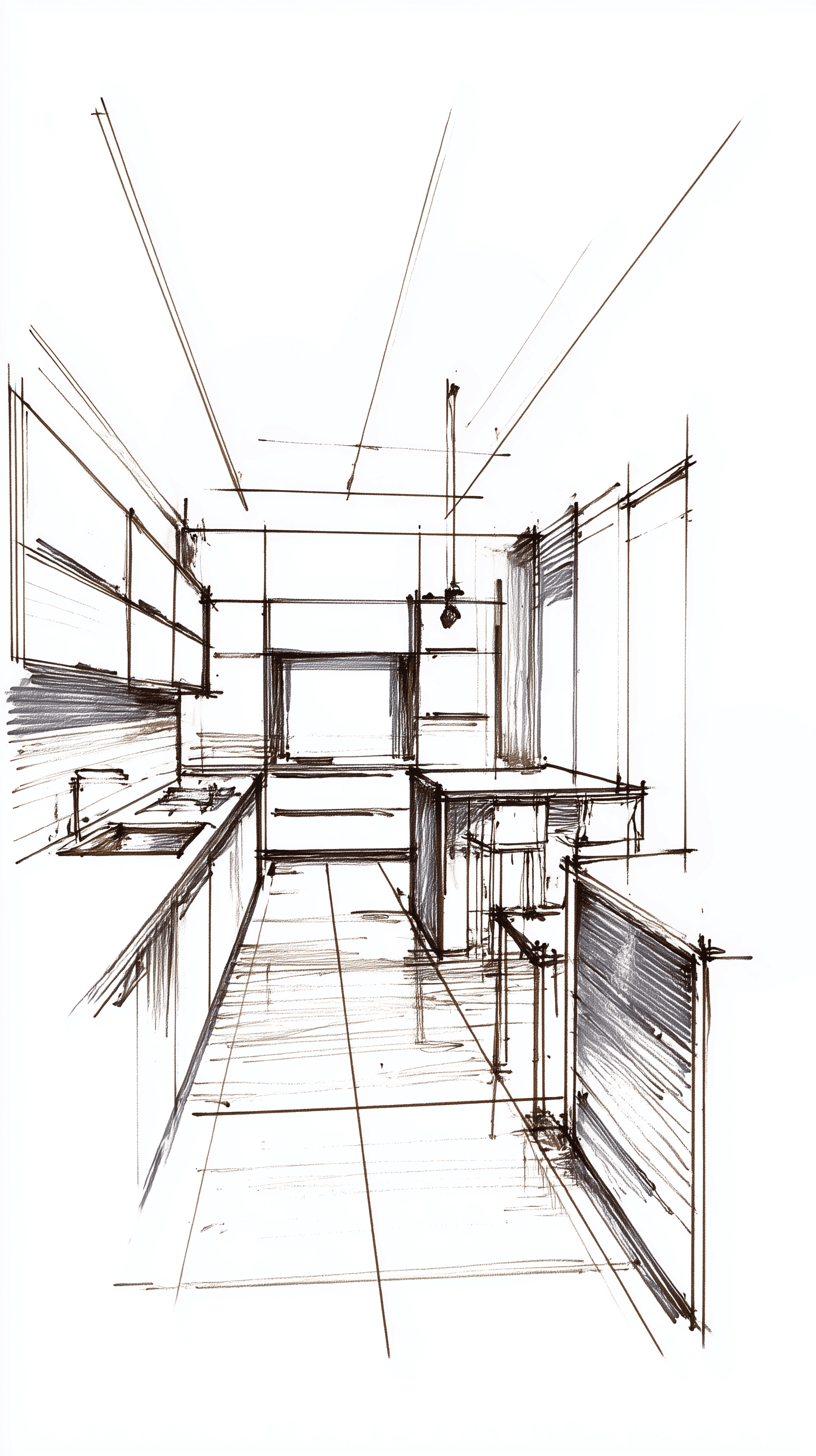 AI generated: interior sketch, eye level composition, concept drawing of minimalist kitchen design, perspective, a...