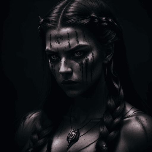 AI generated: cinematic film still dramatic side lighting, dramatic intense stare closeup portrait, dark black bac...