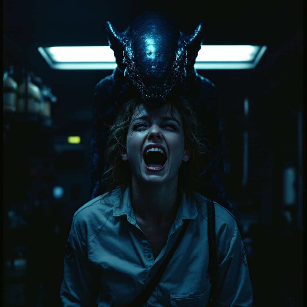 AI generated: A copy of the movie "ALIEN" in the style of Ridley Scott, there is an alien on top and in front of h...