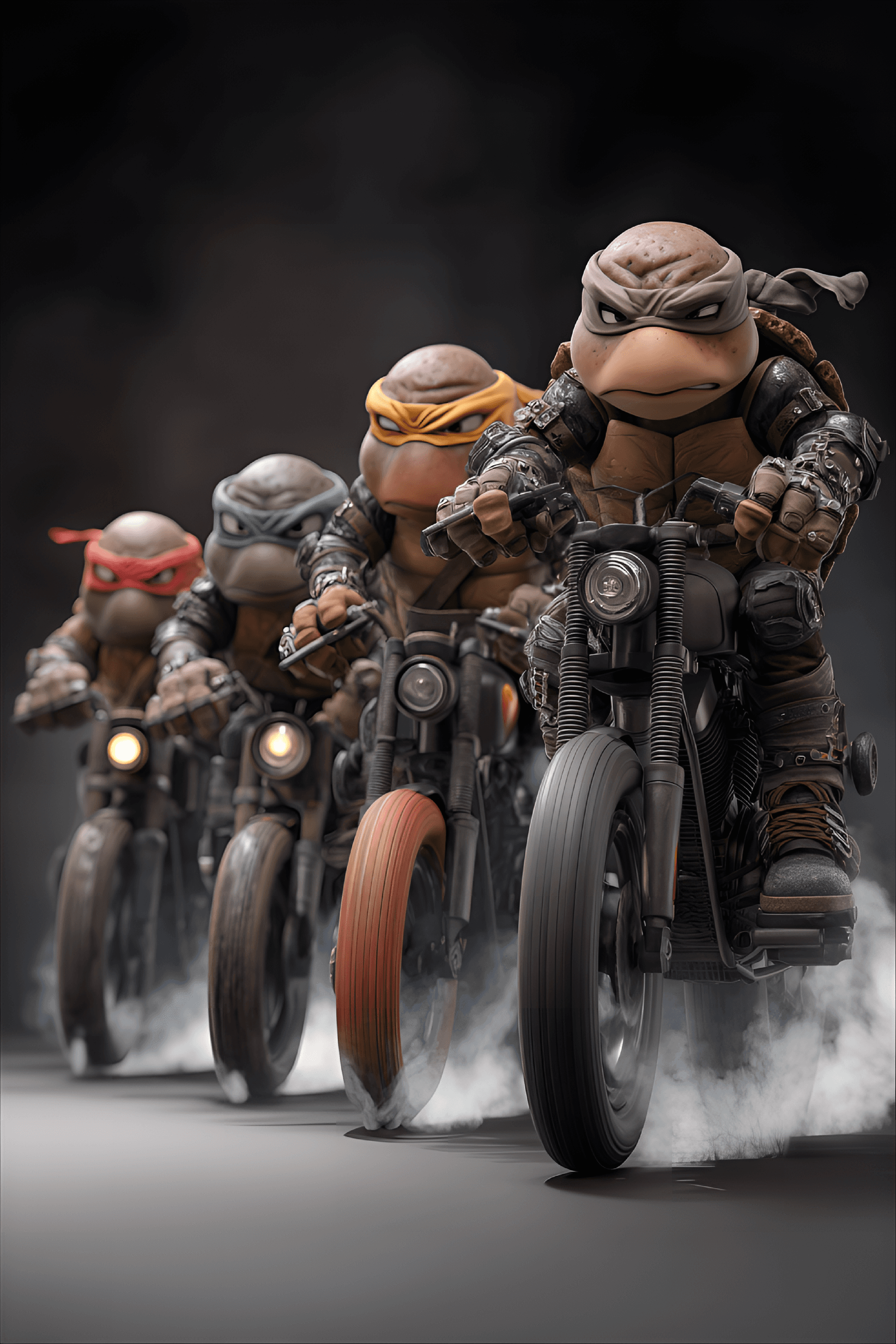 AI generated: Four Teenage Mutant Ninja Turtles, stylized as cartoon characters, are depicted riding motorcycles i...