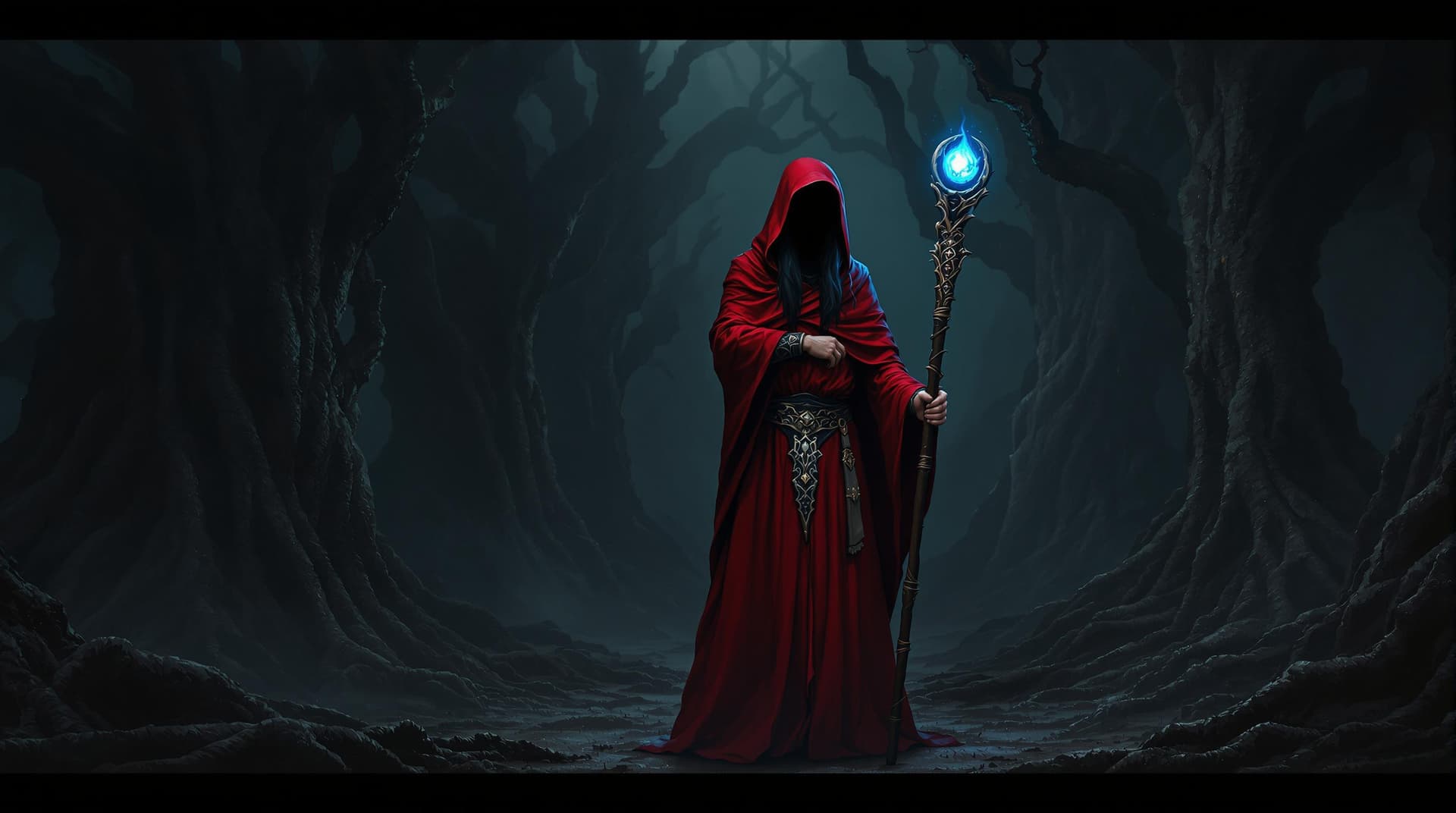 AI generated: a person standing in a dark, mystical forest, surrounded by ancient, twisted trees and gnarled roots...