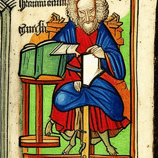 AI generated: a medieval book illumination of a wizard sitting on a stool