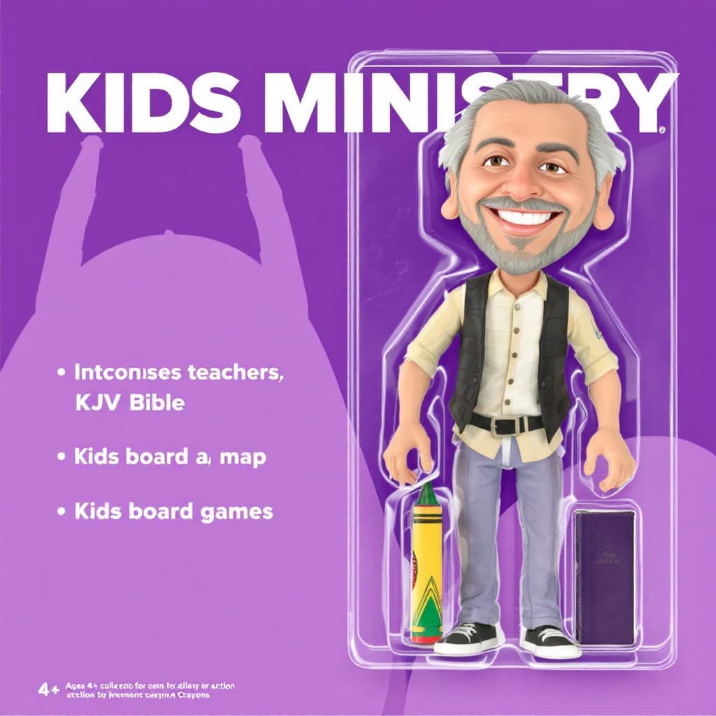 AI generated: A stylized collectible action figure of a Children's teacher in a toy package labeled for ages 4+. T...
