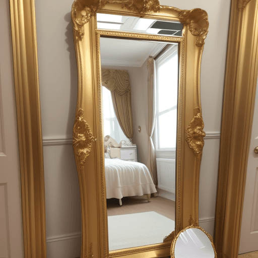AI generated: image of gold detailed floor length mirror in a girls bedroom. There is a girl looking at herself in...