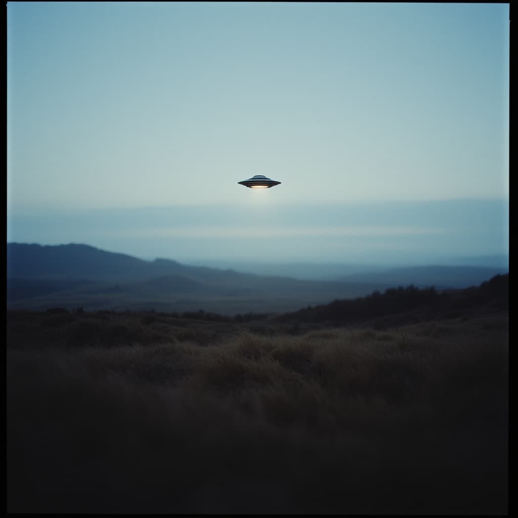 AI generated: Fujifilm film still, photograph of a UFO, hovering over a Teletubbie, new horizon, shake unfocused, ...