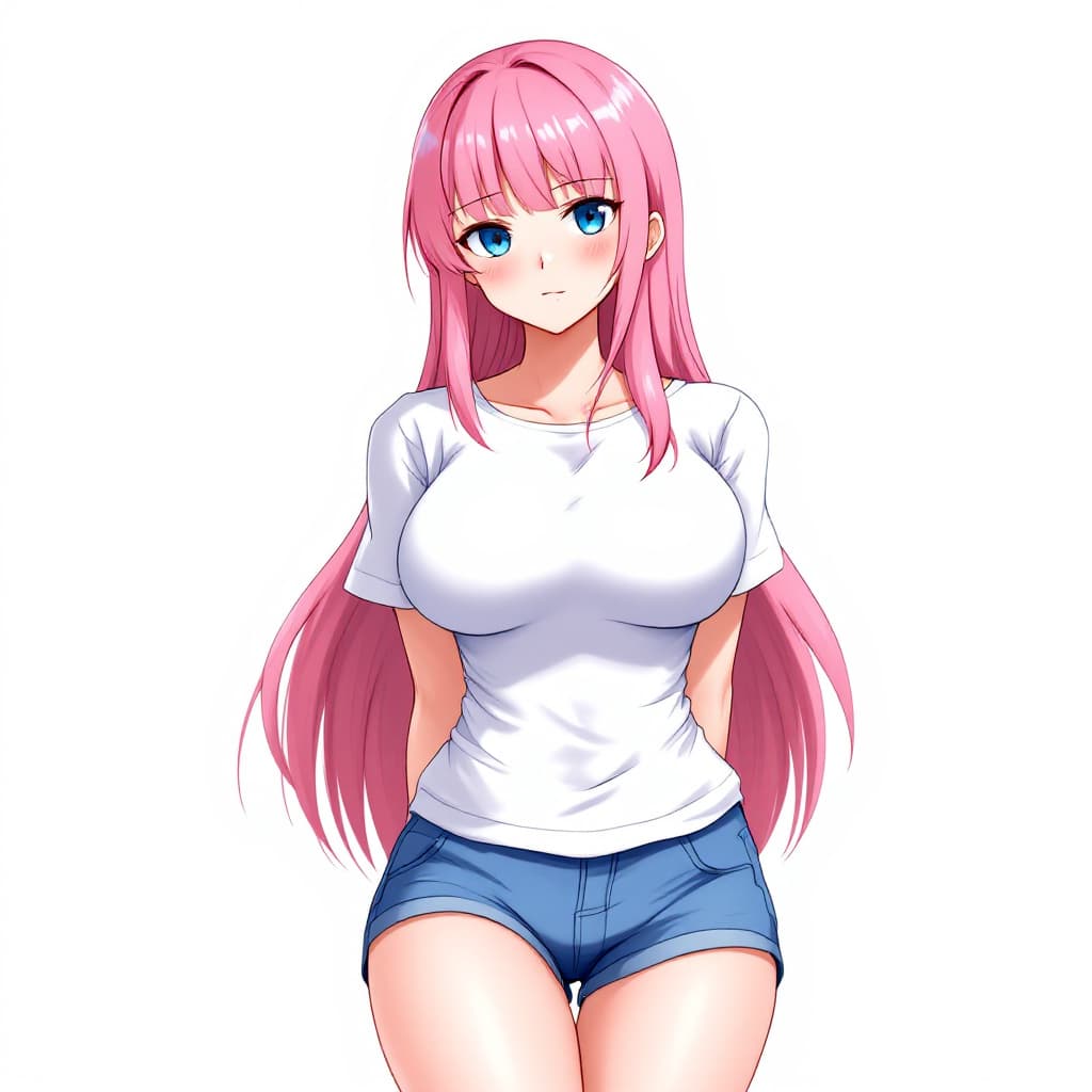 AI generated: anime, woman, pink hair, long hair, blue eyes, white t shirt, tight t shirt, blue shorts, bare feet,...